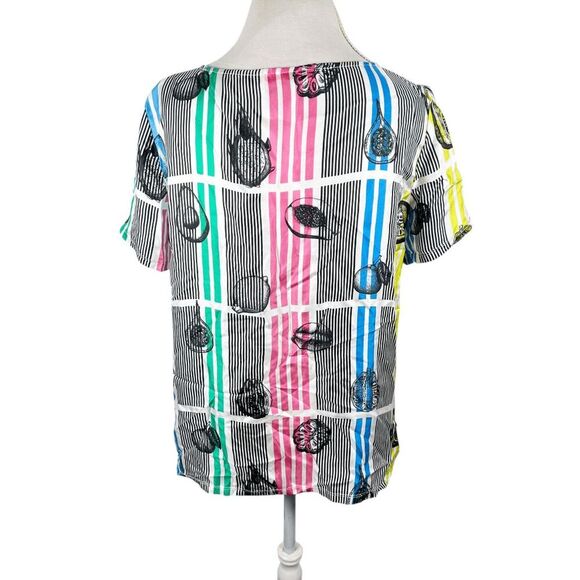 Vilagallo Colorful Stripe Fruit Slice Print Top Neck tie Silk Boxy Size 44 US 10 - Picture 11 of 11